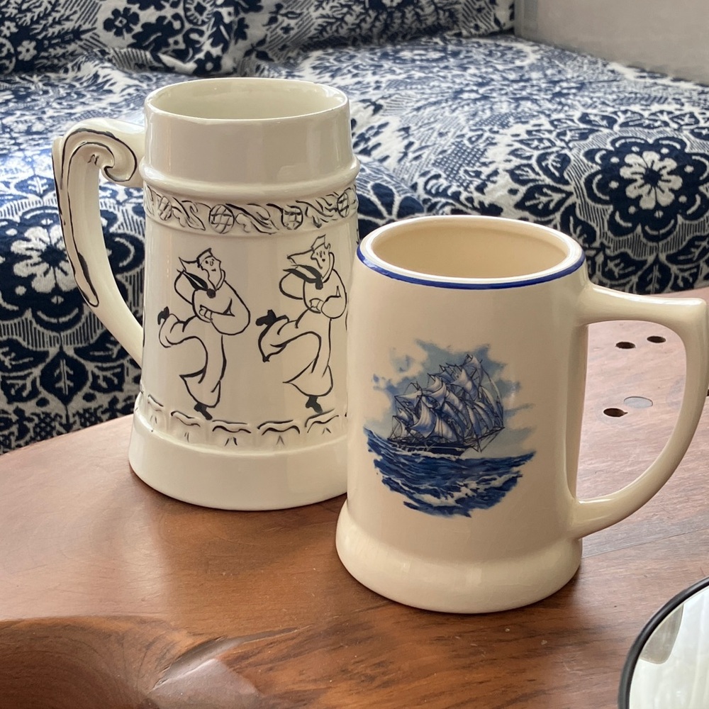 VINTAGE WW2 ERA STEINS CLIPPER SHIP NAUTICAL NAVY SAILOR CB'S set of 2